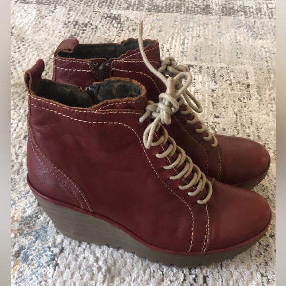 Fly London Shoes - Fly London Yole Lace Up Wedge Ankle Boots in Oxblood Leather 40